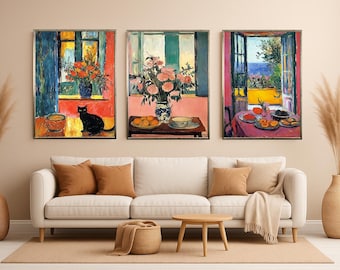 Still Life Wall Art Set Of 2 Prints With Matisse Style Flowers And Fruit Table Scene For Colorful French Mediterranean Decor Floral Artwork