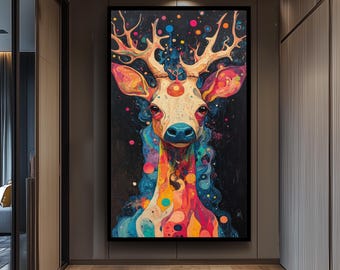 Psychedelic cosmic deer wall art with surreal antlers and colorful galactic patterns, vibrant fantasy animal print for modern deer canvas