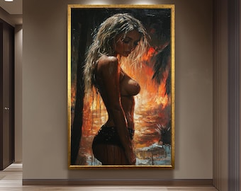 Sensual Woman Painting on Canvas, Fiery Sunset Beach Art, Hand Painted Seductive Female Portrait, Bold Figurative Wall Decor, Modern Gift