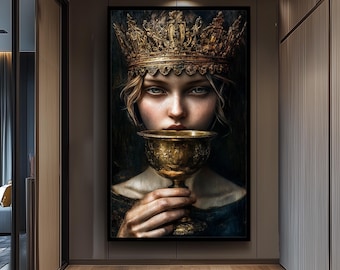 ルネサンス時代の女性の肖像画、金の王冠、聖杯、ムーディなファインアートプリント