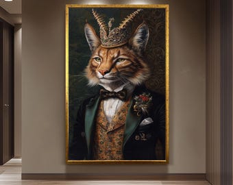 Regal Fox Wall Art, Surreal Animal Portrait in Royal Attire with Crown and Bow Tie, Elegant Anthropomorphic Decor for Classic Interiors