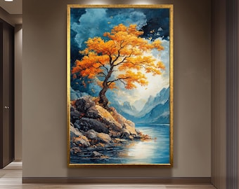 Golden Tree Landscape Wall Art Autumn Mountain Lake Canvas Print, Vibrant Nature Painting with Blue Sky and Rocky Shore for Home Décor