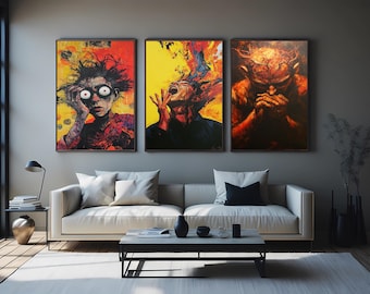Surreal Expressionist Canvas Art Set: Fiery Emotional Portraits