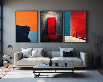 Abstract Red Door and Silhouette Wall Art Set of 3, Minimalist Conceptual Prints with Dramatic Shadows for Bold Modern Interior Design