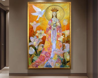 Modern Virgin Mary Wall Art Sacred Mother With Golden Halo Colorful Floral Robe And White Dove Spiritual Catholic Home Canvas Virgin Mary