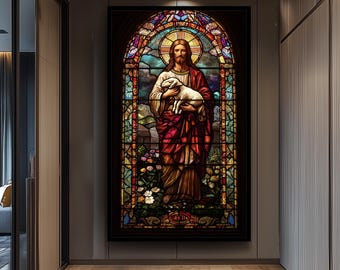 Jesus Christ the Good Shepherd Stained Glass Wall Art Print, Christian Religious Decor with Lamb and Floral Details for Spiritual Spaces