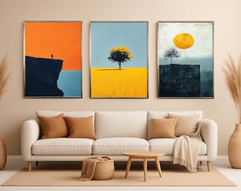Minimalist Sunset Landscape Print Set: Tree & Cliff - Modern Nature Wall Art