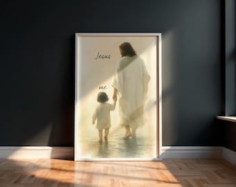 Christian Nursery Decor,  Child with Jesus Print, Child's Room Art, Jesus and Child Holding Hands Wall Art, Room Faithful Home Decor