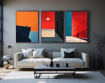 Minimalist Abstract Landscape Print Set: Red, Orange, and Blue Surreal Art