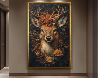 Floral Deer Portrait Surreal Wall Art – Mystical Animal Canvas Print with Autumn Flowers, Whimsical Woodland Decor for Nature Lovers