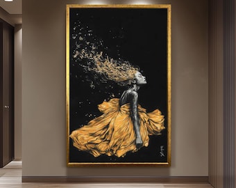 Golden Woen Wall Art - Black and Gold Feminine Painting - Luxury Woman Canvas Print - Modern Abstract Fashion Artwork, Woman Home Decor
