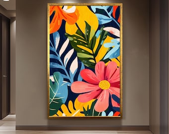 Colorful Tropical Botanical Wall Art Print with Groovy Flowers and Jungle Leaves in Retro Henri Style for Boho Living Room Decor, Flower Art