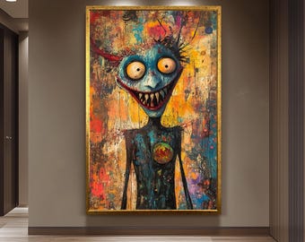 Psychedelic Creepy Clown Canvas Art – Bold Abstract Horror Clown Painting for Gothic Home Decor, Halloween Wall Art or Unique Pop Gift