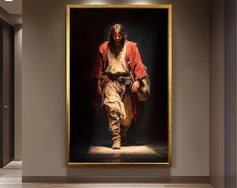 Jesus Walking in Shadow and Light Rustic Realism Painting Christian Wall Art Print for Prayer Room or Spiritual Home Reflection Space