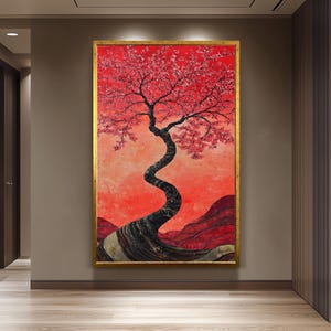 Red Cherry Blossom Tree Painting, Japanese Sakura Art, Hand Painted Textured Canvas, Elegant Floral Wall Decor, Zen Nature Home Gift