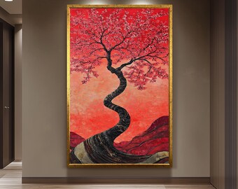 Red Cherry Blossom Tree Painting, Japanese Sakura Art, Hand Painted Textured Canvas, Elegant Floral Wall Decor, Zen Nature Home Gift