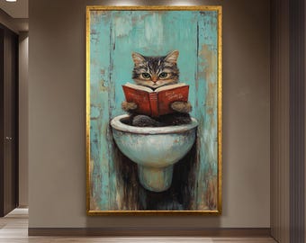 Funny Cat Bathroom Wall Art, Rustic Feline Reading Painting, Whimsical Toilet Humor Canvas Print, Vintage Toilet Decor,  Restroom Artwork