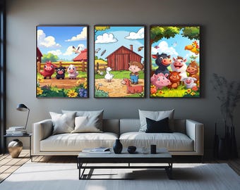 Farm Animal Wall Art Set of 3 Prints for Nursery and Kids Room, Cute Cartoon Barnyard Animals and Boy Farmer Digital Decor Kids Room Decor