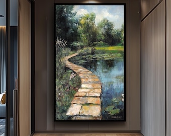 Vintage Garden Path Pond Oil Painting Serene Landscape Artwork with Lily Pads and Stone Walkway Rustic Nature Wall Art for Home Decor