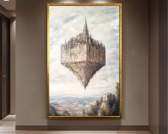 Surreal Fantasy Wall Art of Floating Gothic Castle Suspended by Thread over Dreamlike Landscape in Atmospheric Oil Painting Style