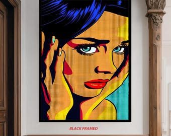 Colorful Pop Art Canvas Wall Art of Woman Face with Blue Eyes and Red Lips in Retro Comic Book Style for Bold Modern Home Decor Woman Print