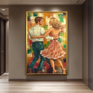 Romantic Dancing Couple Wall Art, Colorful Textured Painting, Love and Passion Artwork, Elegant Ballroom Dance Print, Rustic Home Decor