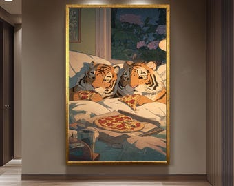 Cozy Tigers Eating Pizza Wall Art Whimsical Animal Canvas Print Two Tigers Sharing Pepperoni Pizza In Bed Under Starry Night Tiger Wall Art