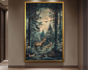 Mystical Forest Deer Print, Vintage Woodland Wall Art, Enchanted Nature Scene, Majestic Stag and Fawn, Rustic Wildlife Home Decor