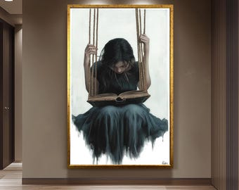 Surreal Girl Reading Painting, Dreamlike Book Art, Hand Painted Fantasy Wall Decor, Dark Aesthetic Illustration, Whimsical Women Wall Art
