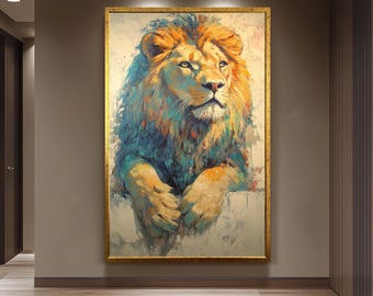 ライオンヘッド油絵キャンバス抽象動物アート青茶色壁アート勇敢な絵画
