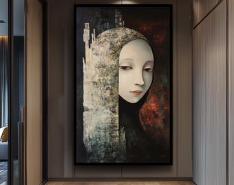 Surreal Minimalist Wall Art of Mysterious Woman’s Face Emerging from Textured Abstract Structure | Elegant Dreamlike Portrait Print