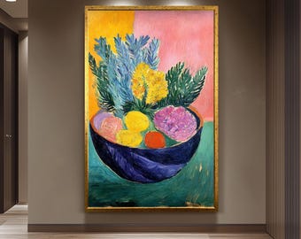 Colorful Fruit and Flower Still Life Print, Matisse Inspired Bold Expressionist Painting, Modern Art Kitchen Wall Decor with Vibrant Colors