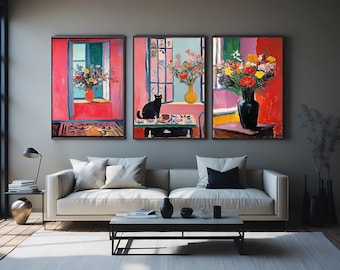 Floral Still Life Canvas Print Set of 3 Modern Wall Art Colorful Botanical Decor Contemporary Artwork for Stylish and Trendy Home Interiors