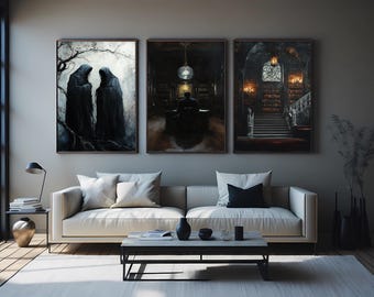 Dark Gothic Library Wall Art Set of 3 Haunted Study Hooded Figures Forest Shadows Grand Staircase Dark Academia Aesthetic Wall Decor Prints