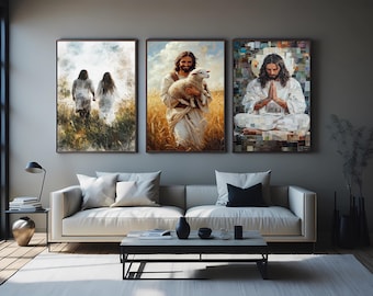 3 Piece Jesus Christ Wall Art – Inspirational Christian Paintings of Good Shepherd, Prayer, and Walking in Faith for Home and Church Decor