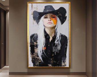 Abstract Cowgirl Oil Painting on Canvas | Modern Western Woman Portrait Art with White Hair & Black Hat | Bold Rustic Wall Decor Print