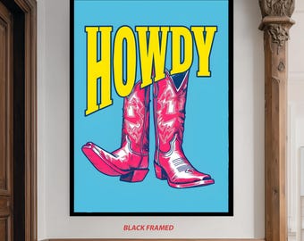 Retro Howdy Wall Art Print with Pink Cowboy Boots and Western Typography Design for Country Girl Home or Southern Rodeo Decor Retro Wall Art
