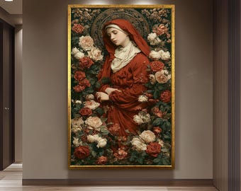 Vintage Virgin Mary Wall Art In Red Cloak Surrounded By Roses Catholic Canvas Print Sacred Holy Mother Floral Religious Home Decor