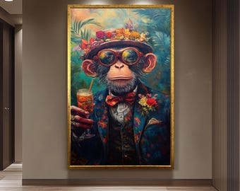 Tropical Surreal Monkey Wall Art – Dapper Chimp Portrait with Cocktail, Floral Hat and Glasses – Vibrant Animal Canvas for Bold Decor