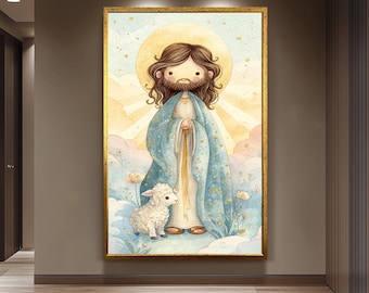 Cute Jesus Christ Storybook Art Print with Star Robe and Lamb Pastel Christian Nursery Decor for Kids Room or Baby Gift Wall Art Baby Jesus