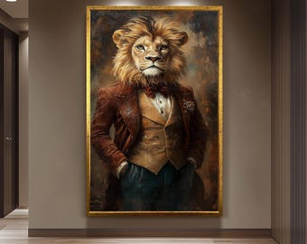 Distinguished Lion Wall Art Print – Surreal Animal Portrait in Vintage Suit and Bow Tie – Regal Jungle Gentleman Home Decor Lion Wall Decor