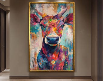 Floral Cow Wall Art Canvas  – Colorful Farmhouse Animal Decor for Kitchen, Living Room or Country Home Whimsical Rustic Gift for Cow Lovers