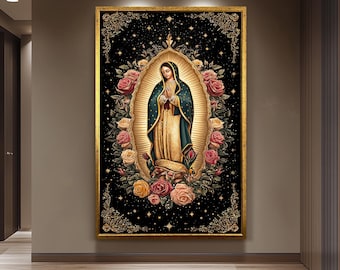 Our Lady Of Guadalupe Wall Art Full Body Canvas Print With Angel At Her Feet Surrounded By Roses And Stars Catholic Spiritual Decor