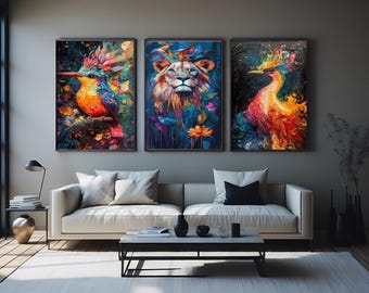 Lion and Birds Canvas Print Set: Abstract Boho Wildlife Art