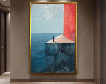 Minimalist Man on Cliff Wall Art Print | Ocean View Modern Painting with Red Structure | Surreal Geometric Fine Art Poster for Home Decor