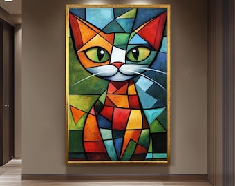 Impression d'art mural de chat de style cubiste dans des formes géométriques abstraites vibrantes inspirées de Picasso pour une décoration moderne et colorée pour les amoureux des animaux Art mural de chat