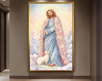 Whimsical Jesus Christ Storybook Art | Gentle Savior in Blue Robe with Lamb and Floral Cloak | Christian Nursery Wall Decor Print Jesus Art