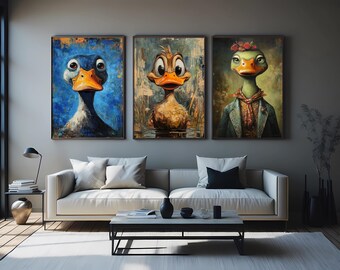 Whimsical Duck Canvas Print Set: Nursery Animal Wall Art