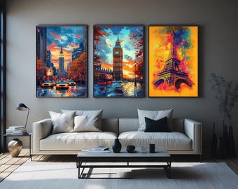 Colorful Cityscape Wall Art Set of 3 Featuring Big Ben Eiffel Tower Empire State Building Urban Travel Prints for Living Room Decor