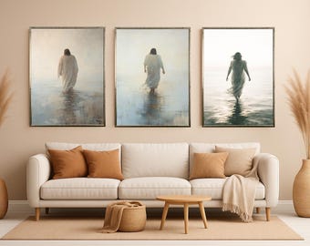 Christian Wall Art Jesus Walking on Water Canvas Print Set of 3, Modern Religious Home Decor, Faith Based Spiritual Artwork for Living Room